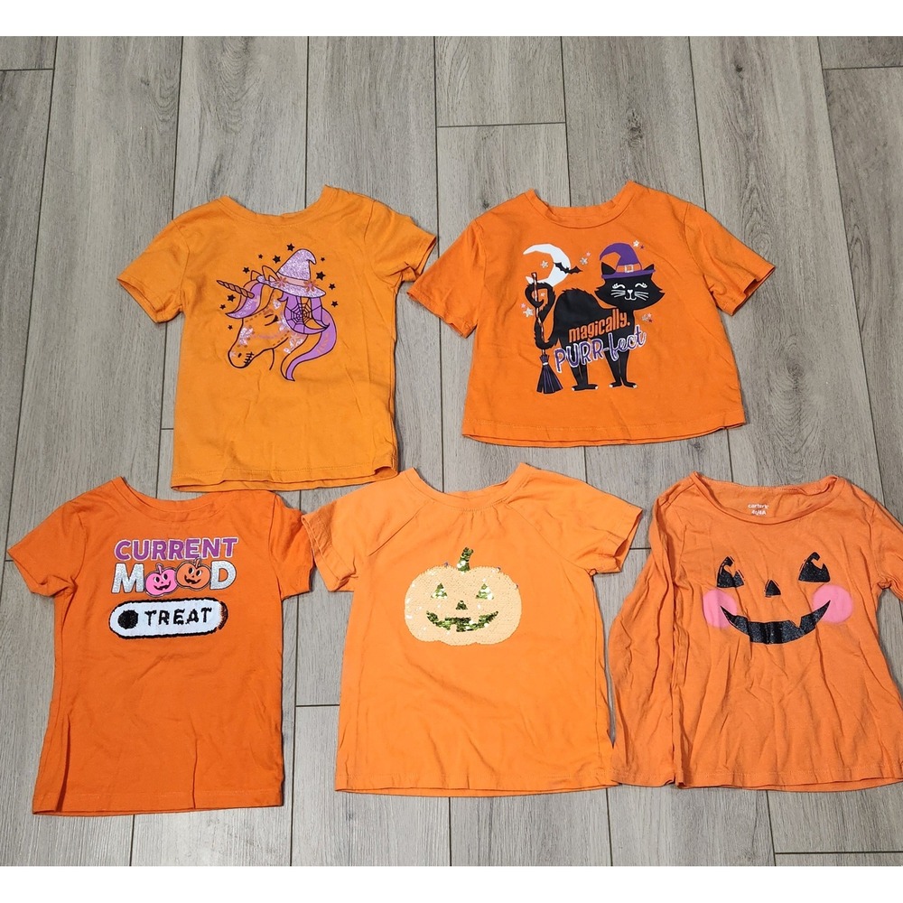Girls Halloween Shirt Lot 5pc Orange Pumpkin Cat Unicorn Sequin Size XS 4/5
